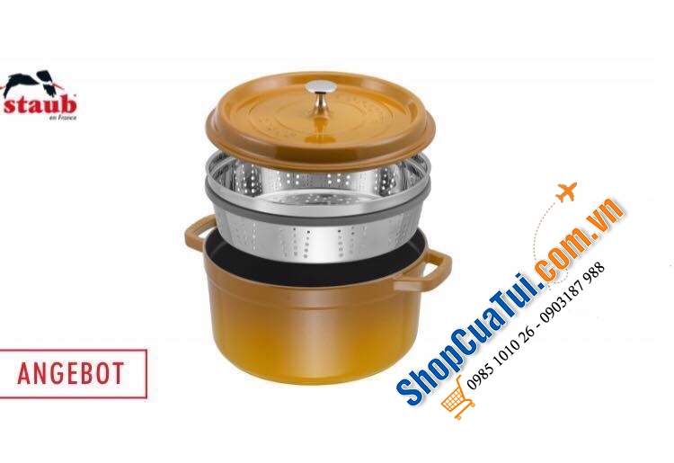 NỒI GANG ĐÚC STAUB KÈM XỬNG HẤP SIZE 26 CM MÀU VÀNG MÙ TẠC