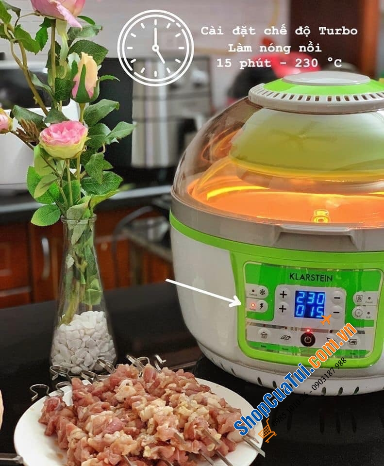 NỒI CHIÊN NƯỚNG KHÔNG DẦU THẦN THÁNH KLARSTEIN TURBO 9 LÍT ĐỜI MỚI NHẤT CHIÊN NƯỚNG GÀ, NGAN NGUYÊN CON LỚN - MÀU XANH