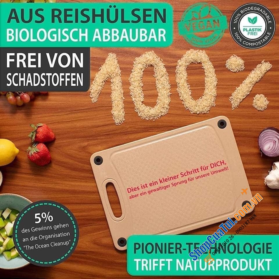 Thớt kháng khuẩn Freegreen® - Germany. - Thớt vỏ trấu - thớt sinh học 100% kháng khuẩn - 100% từ các nguyên liệu tự nhiên