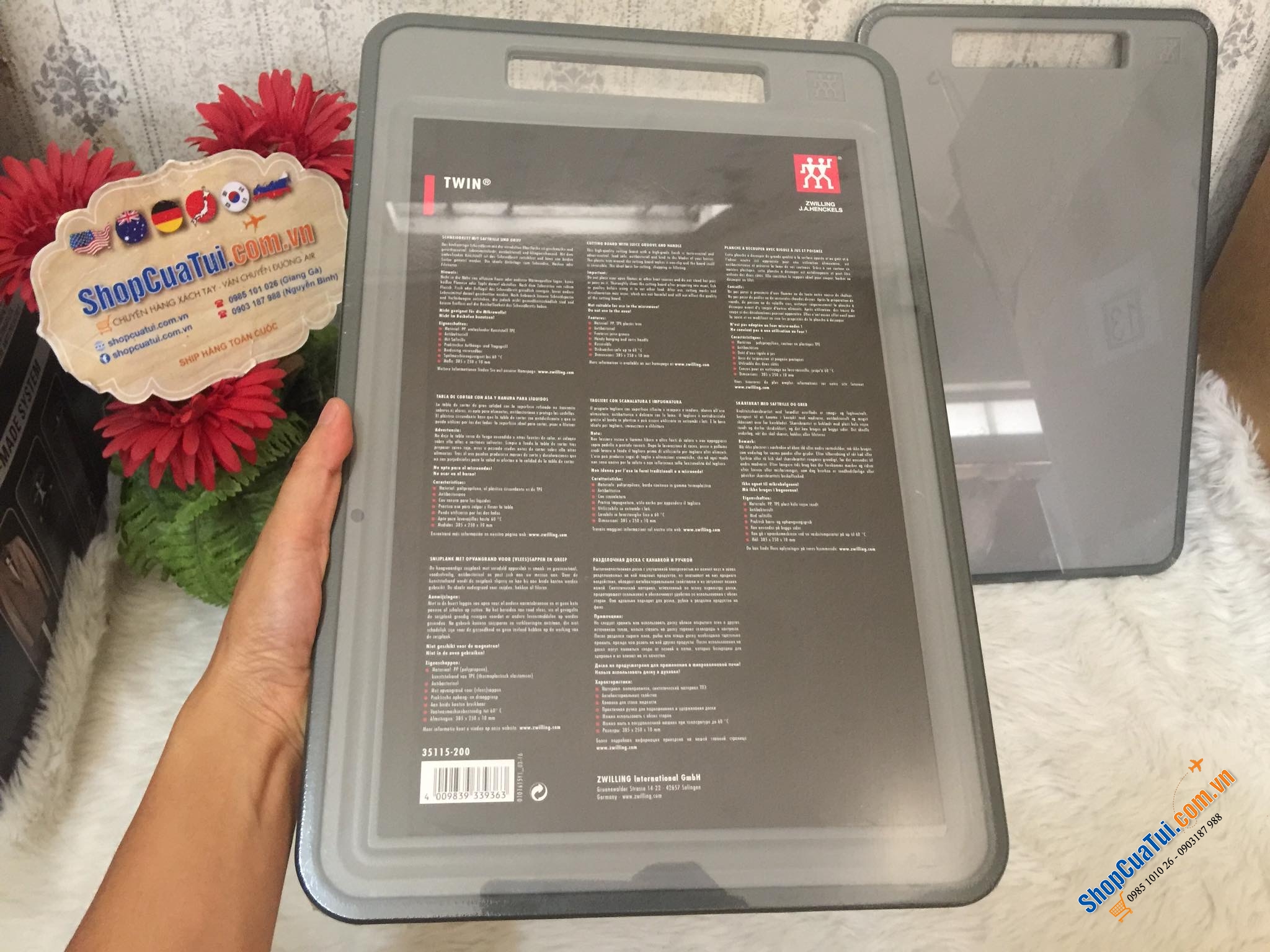 Thớt kháng khuẩn cao cấp Zwilling - Đức Size TO thái thoải mái hơn 38,5 x 25 x 1,3 cm.