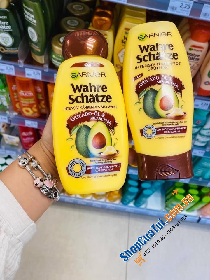Bộ dầu gội xả tóc Garnier Wahre Schatze tinh chất bơ và dầu hạt mỡ và bộ tinh chất Olive cho tóc khô và tóc hư tổn