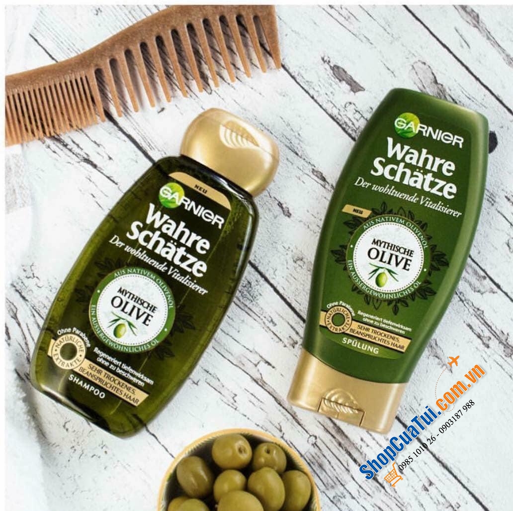 Bộ dầu gội xả tóc Garnier Wahre Schatze tinh chất bơ và dầu hạt mỡ và bộ tinh chất Olive cho tóc khô và tóc hư tổn