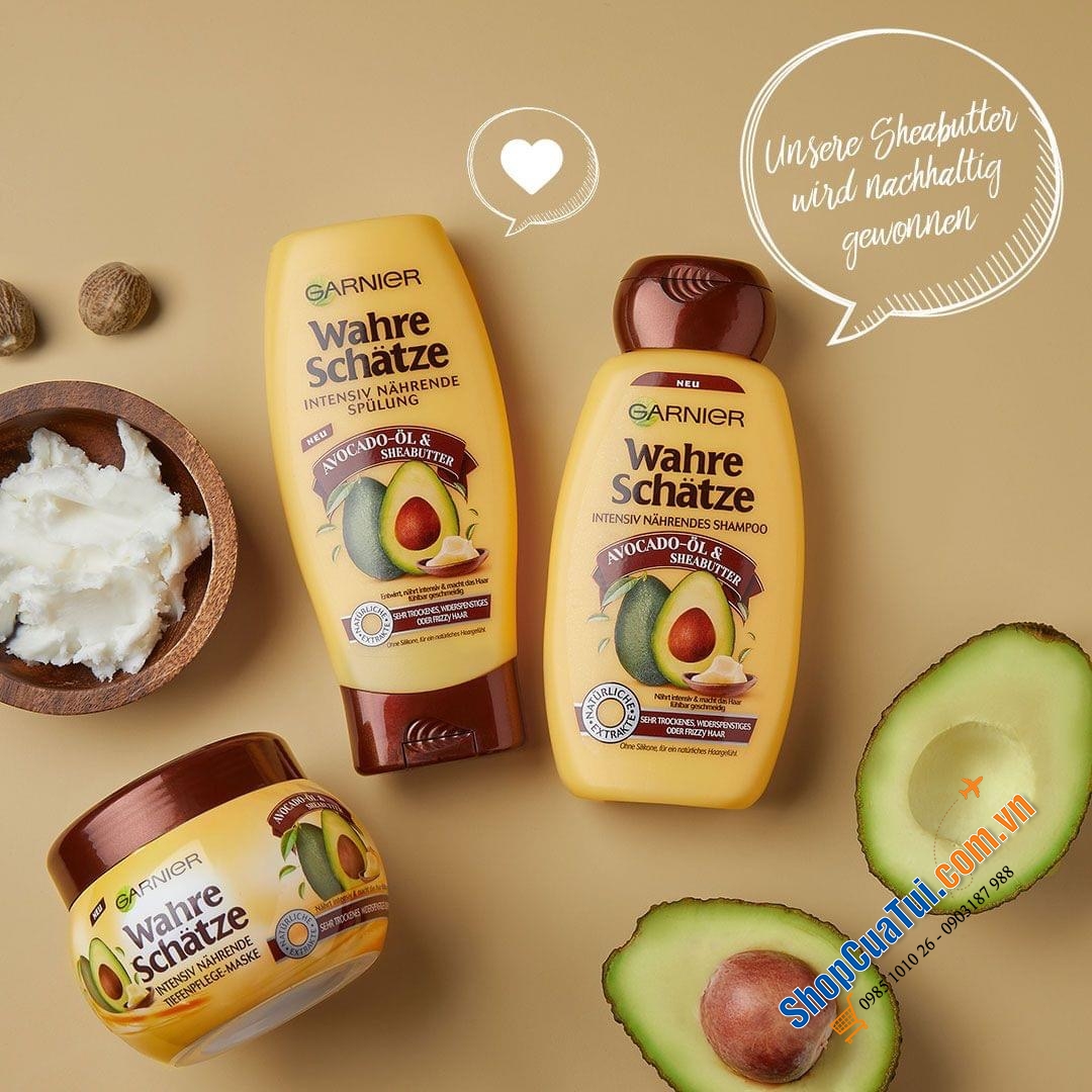 Bộ dầu gội xả tóc Garnier Wahre Schatze tinh chất bơ và dầu hạt mỡ và bộ tinh chất Olive cho tóc khô và tóc hư tổn