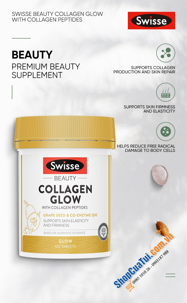 Viên uống đẹp da Swisse Beauty Collagen Glow With Collagen Peptides 60 Tablets có công thức chất lượng cao với hạt nho và Enzyme Q10.