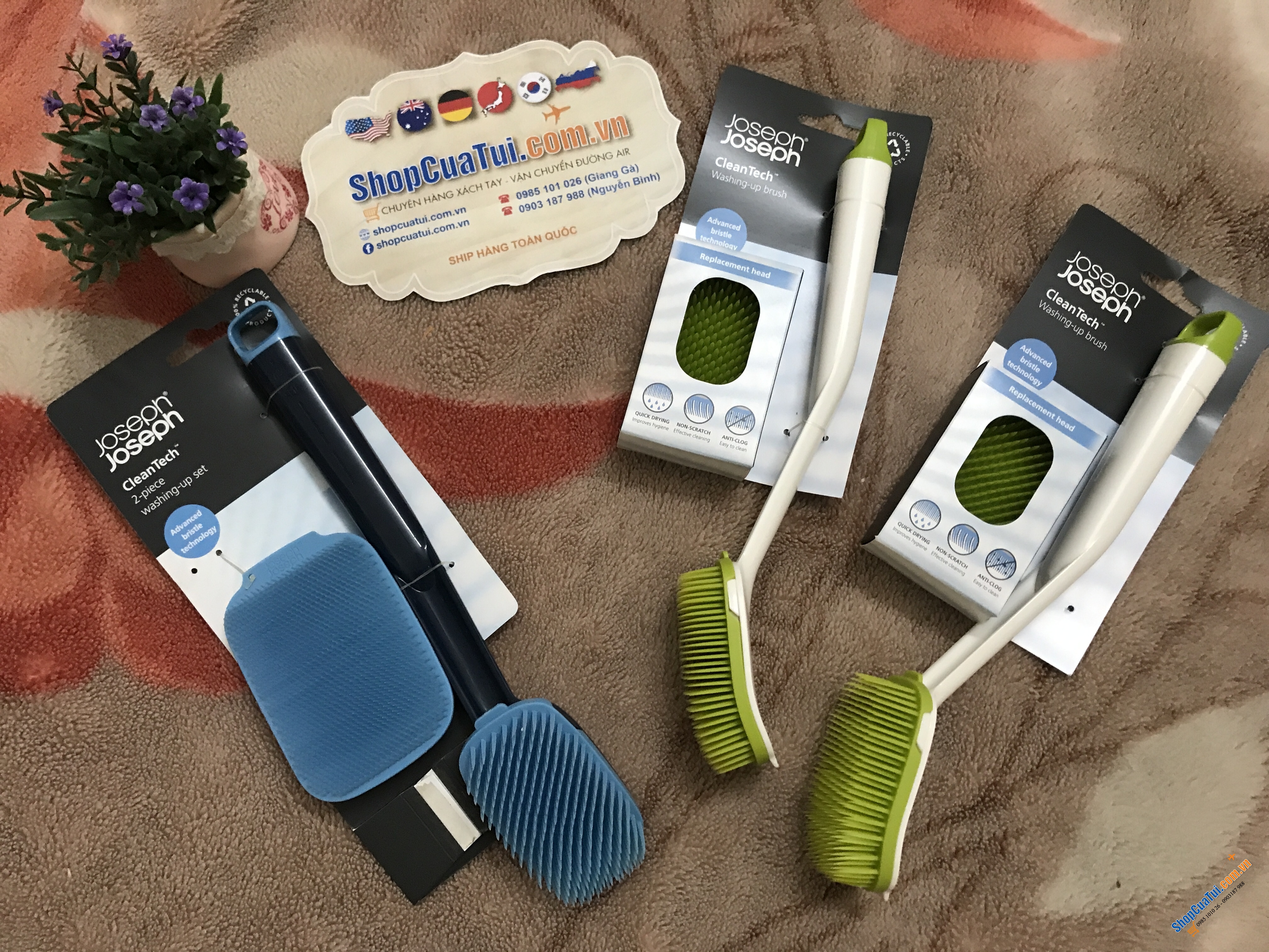 SET BÀN CHẢI - MIẾNG RỬA ĐA NĂNG JOSEPH JOSEPH CLEANTECH - MÀU XANH BIỂN.