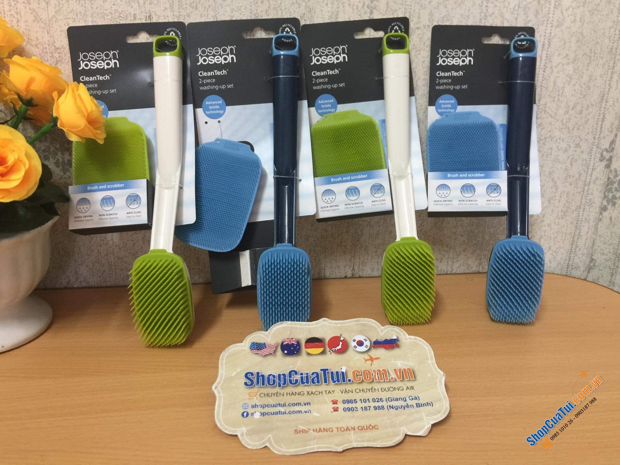 SET BÀN CHẢI - MIẾNG RỬA ĐA NĂNG JOSEPH JOSEPH CLEANTECH - MÀU XANH