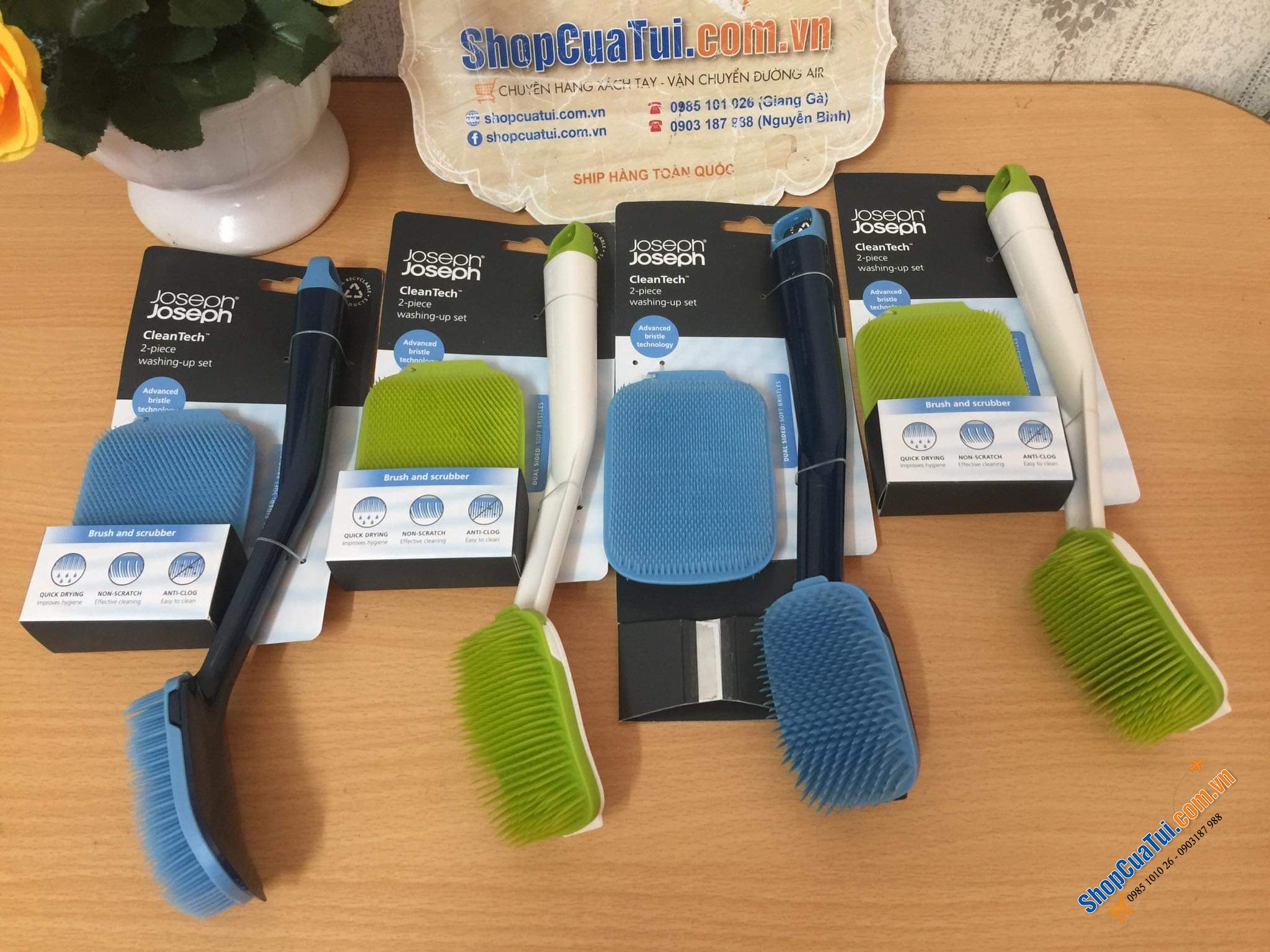 SET BÀN CHẢI - MIẾNG RỬA ĐA NĂNG JOSEPH JOSEPH CLEANTECH - MÀU XANH