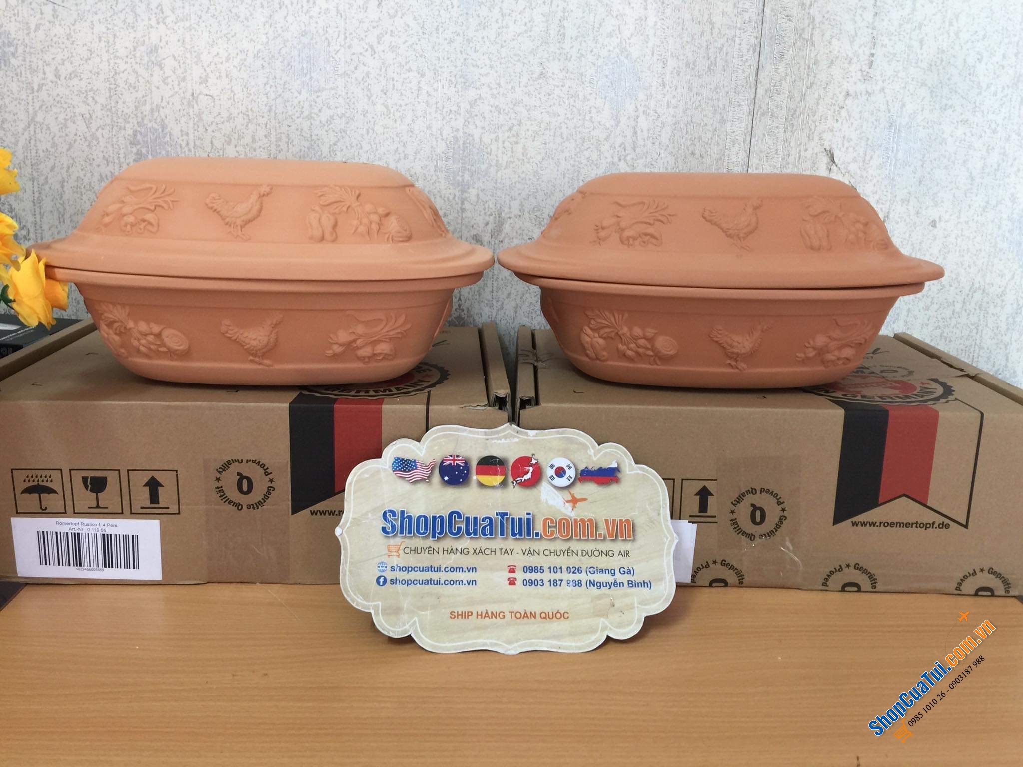 NỒI NƯỚNG GỐM ĐỨC MADE IN GERMANY RÖMERTOPF - HOẠ TIẾT NÔNG TRẠI - Kích thước 38 x 38 x 12,5 cm. Nặng 3,3 kg