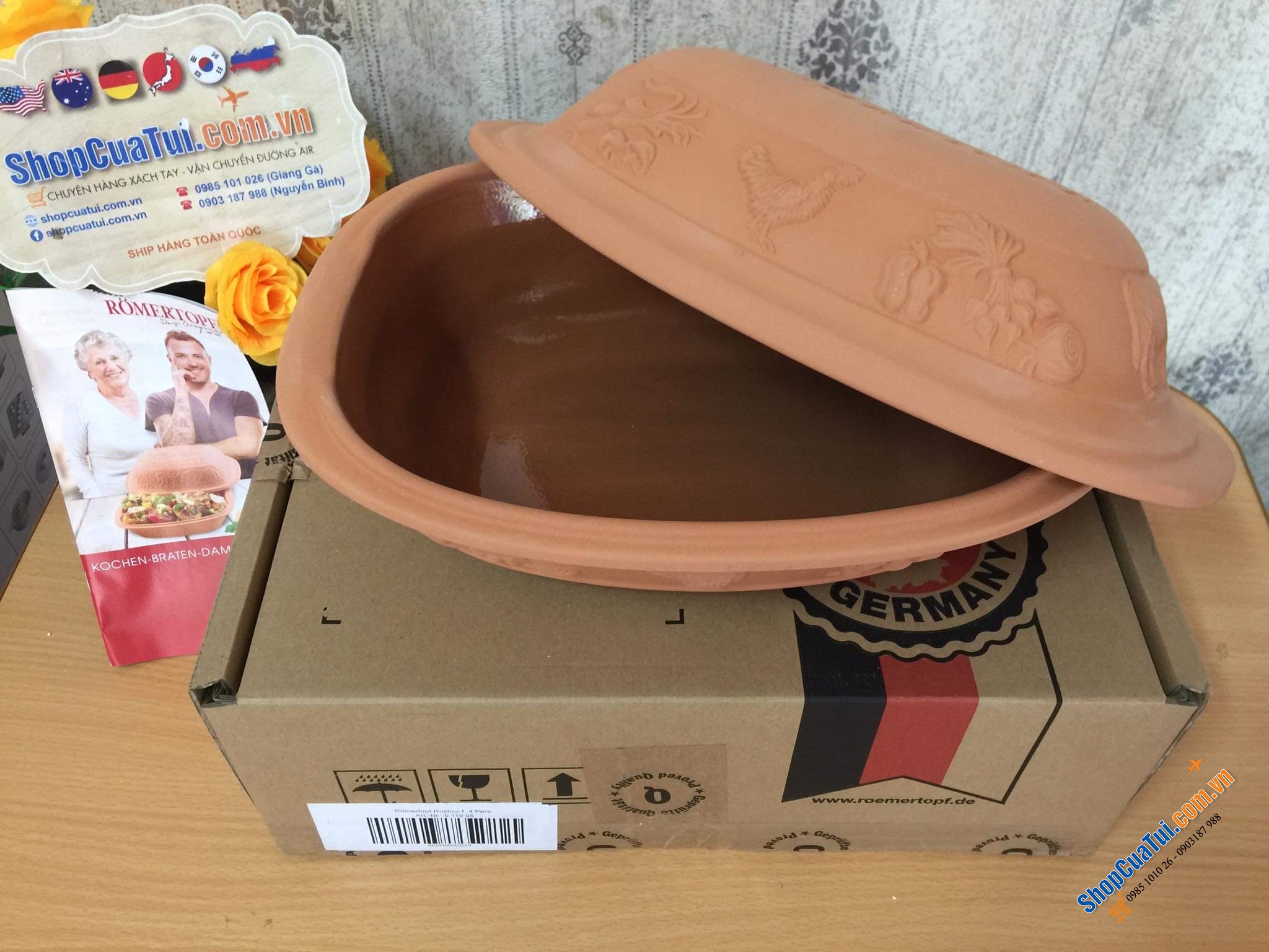 NỒI NƯỚNG GỐM ĐỨC MADE IN GERMANY RÖMERTOPF - HOẠ TIẾT NÔNG TRẠI - Kích thước 38 x 38 x 12,5 cm. Nặng 3,3 kg