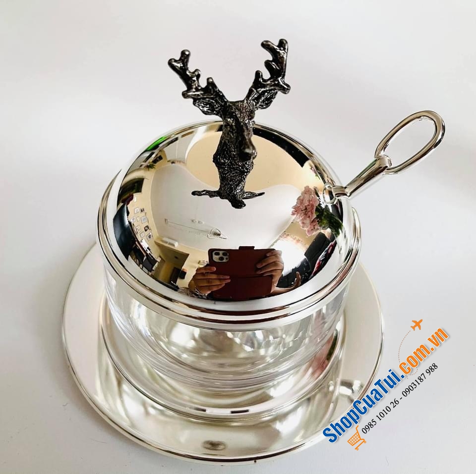 HŨ ĐỰNG MỨT, SỐT, GIA VỊ... EDZARD MẠ BẠC KÈM THÌA VÀ ĐĨA ĐẦU HƯƠU.