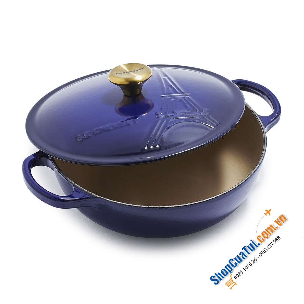 Nồi LE CREUSET tháp Eiffel màu xanh núm vàng.