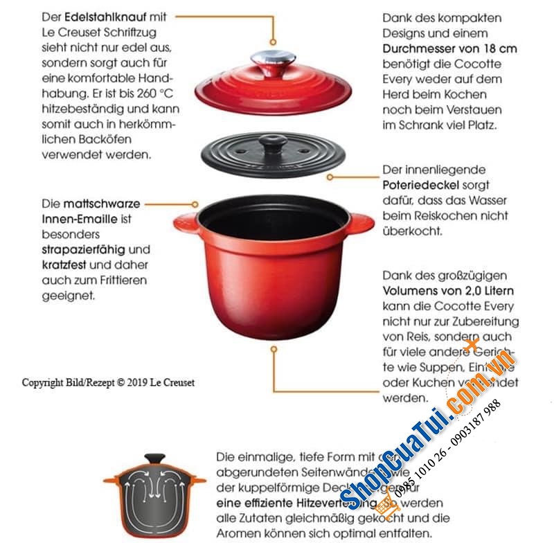 NỒI Le Creuset 18 cm Every màu ĐỎ 2 VUNG - 2 lit