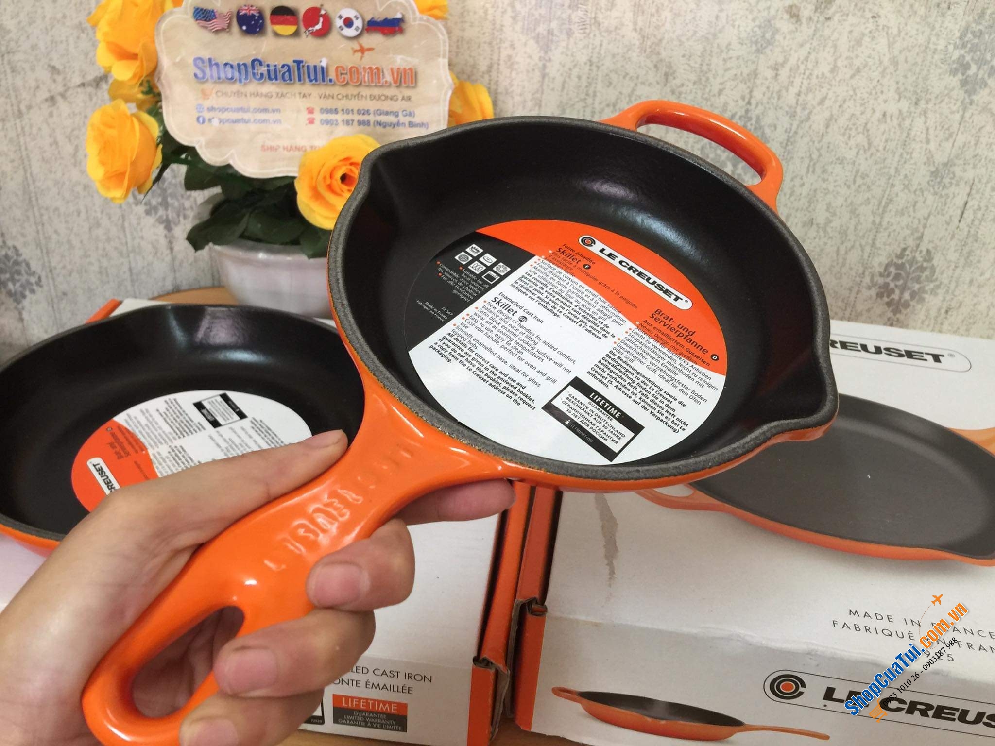 CHẢO RÁN LE CREUSET CAM 16 cm có tay cầm, có miệng chắt dầu