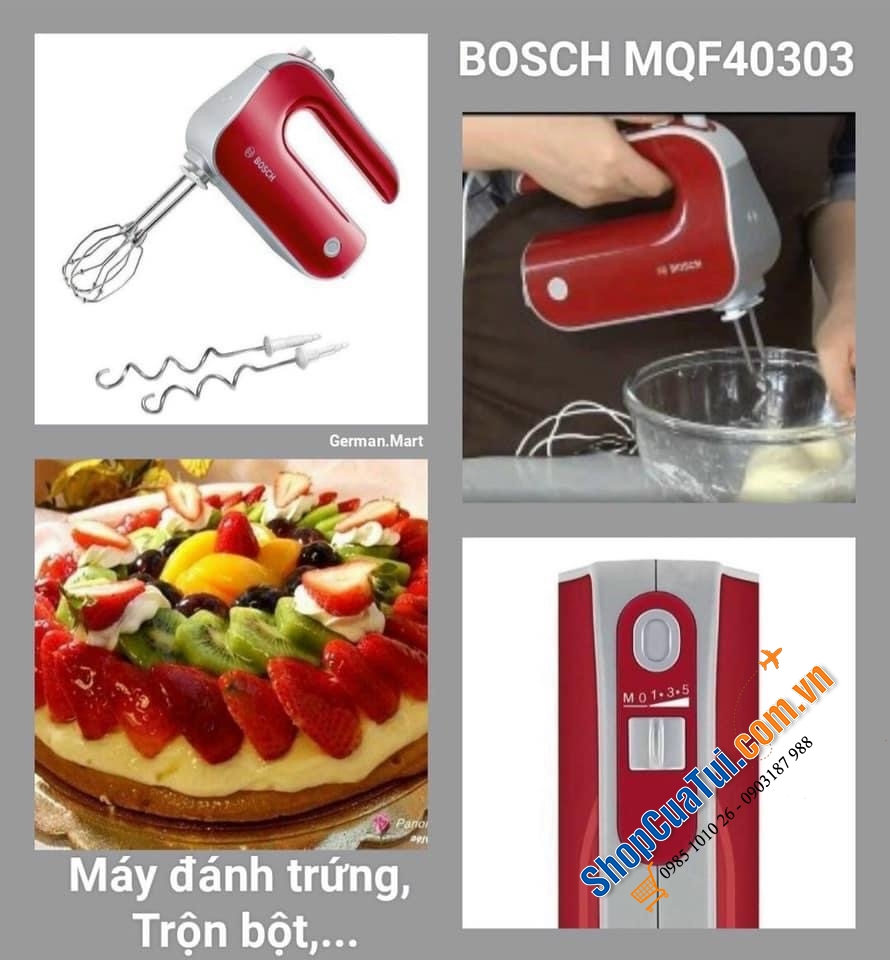 Máy ĐÁNH TRỨNG TRỘN BỘT BOSCH MFQ40303 công suất khỏe nhất 500w màu đỏ Made in Slovenia siêu xịn