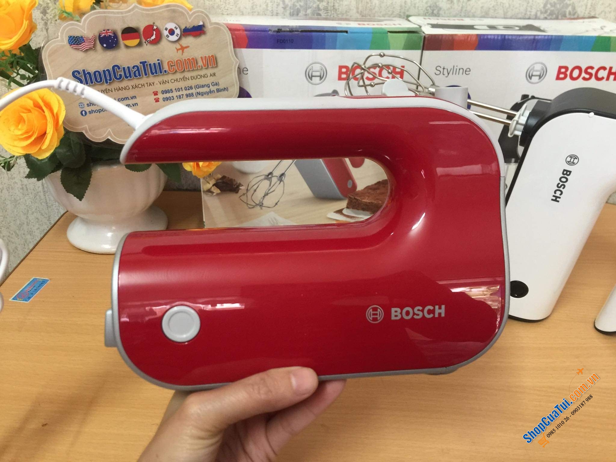 Máy ĐÁNH TRỨNG TRỘN BỘT BOSCH MFQ40303 công suất khỏe nhất 500w màu đỏ Made in Slovenia siêu xịn