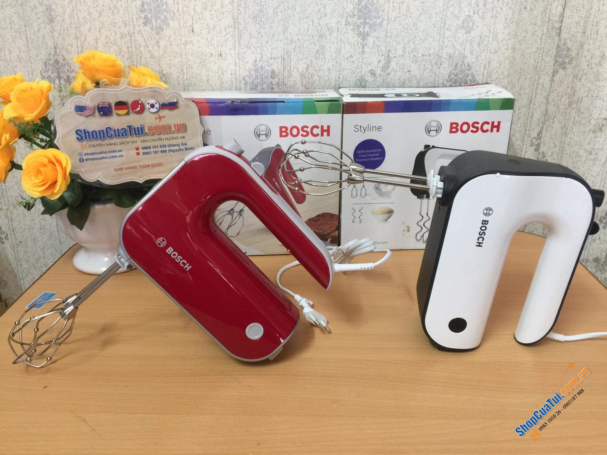 Máy ĐÁNH TRỨNG TRỘN BỘT BOSCH MFQ40303 công suất khỏe nhất 500w màu đỏ Made in Slovenia siêu xịn