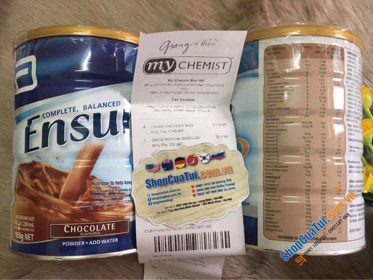 Sữa Bột Ensure Úc VỊ SÔ CÔ LA  Ensure Chocolate 850g
