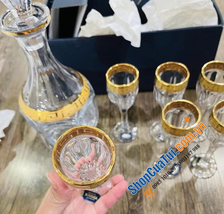Bộ Bình Ly Bohemia Safari khảm vàng - SX tại Séc