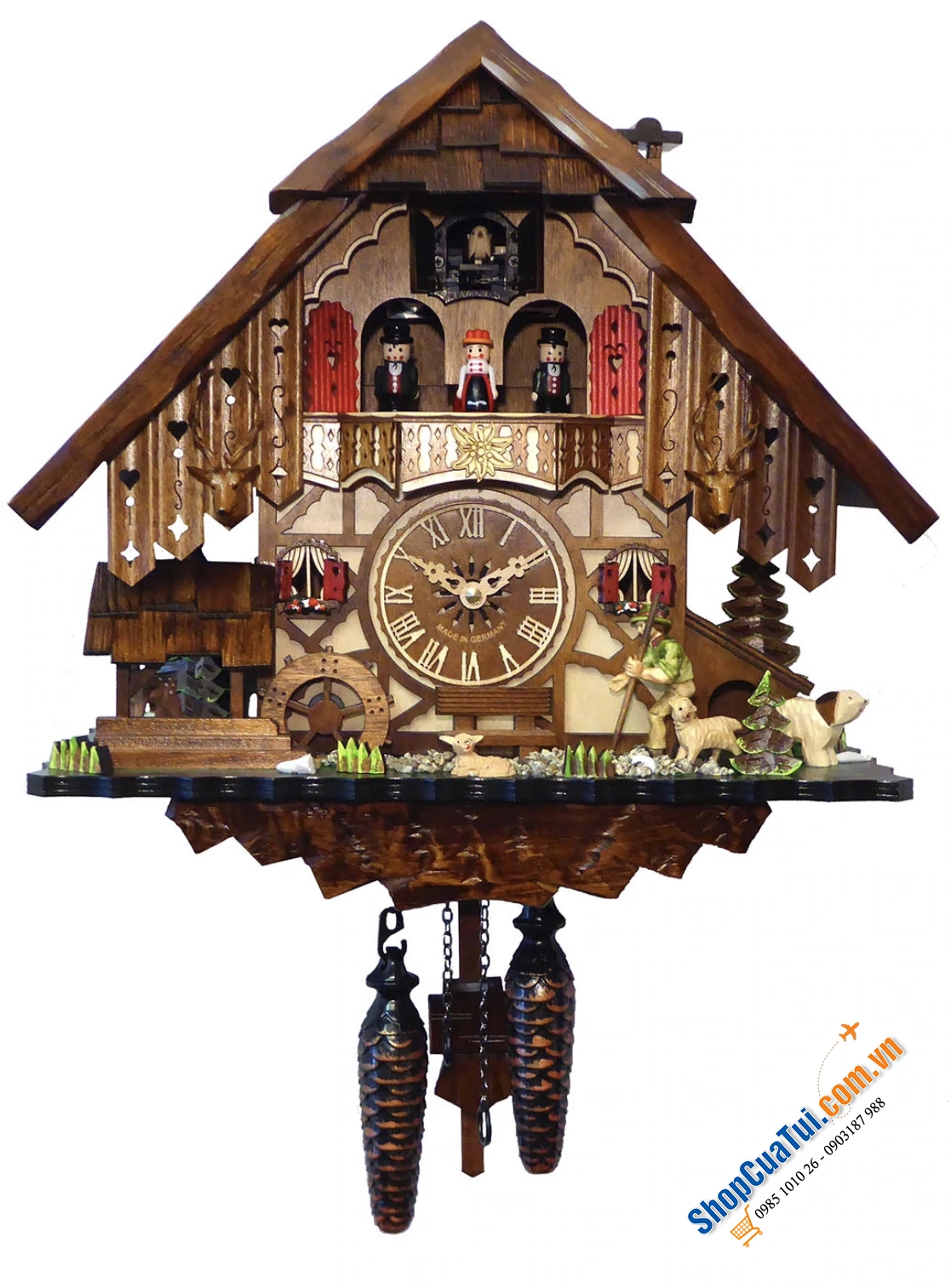 Quartz cuckoo clock with music & dancing couples Art. Nr. 48712 QMT (size 35x34x18 cm) kỹ từng đường nét (2 chú hươu quá tinh xảo luôn) - Made in Germany
