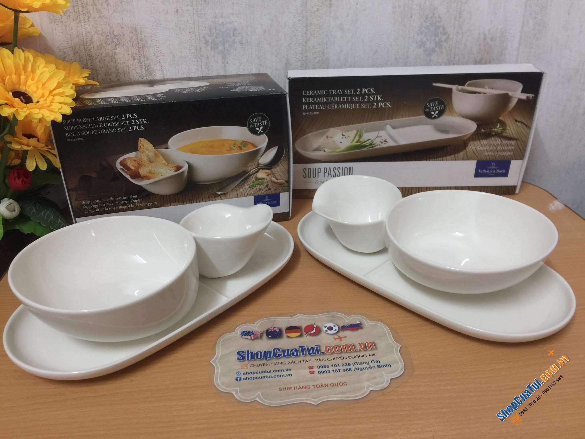 SET ĐÔI BÁT ĂN PHỞ SÚP KÈM KHAY GỐM VILLEROY BOCH SOUP PASSION - MADE IN GERMANY.