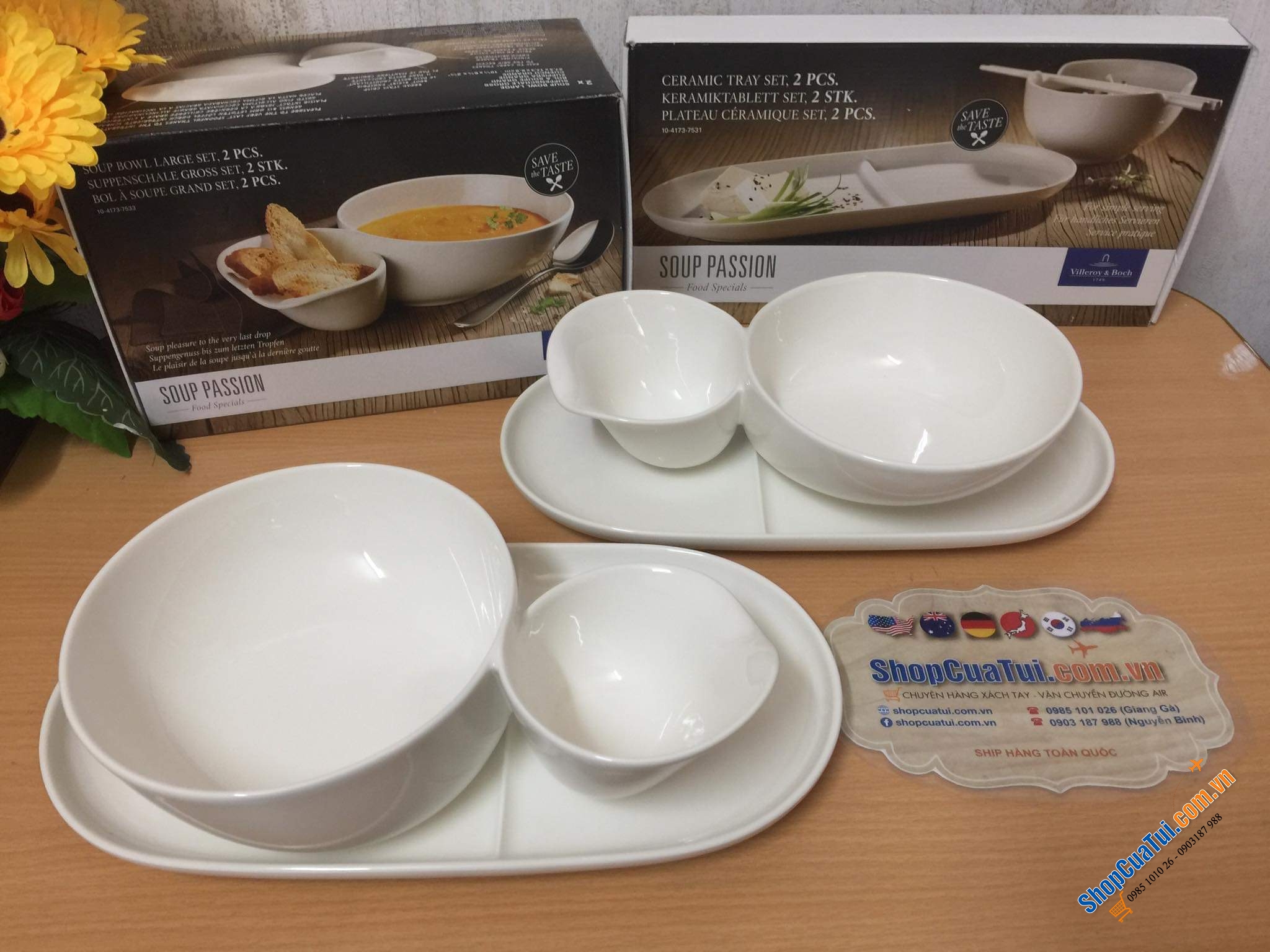SET ĐÔI BÁT ĂN PHỞ SÚP KÈM KHAY GỐM VILLEROY BOCH SOUP PASSION - MADE IN GERMANY.