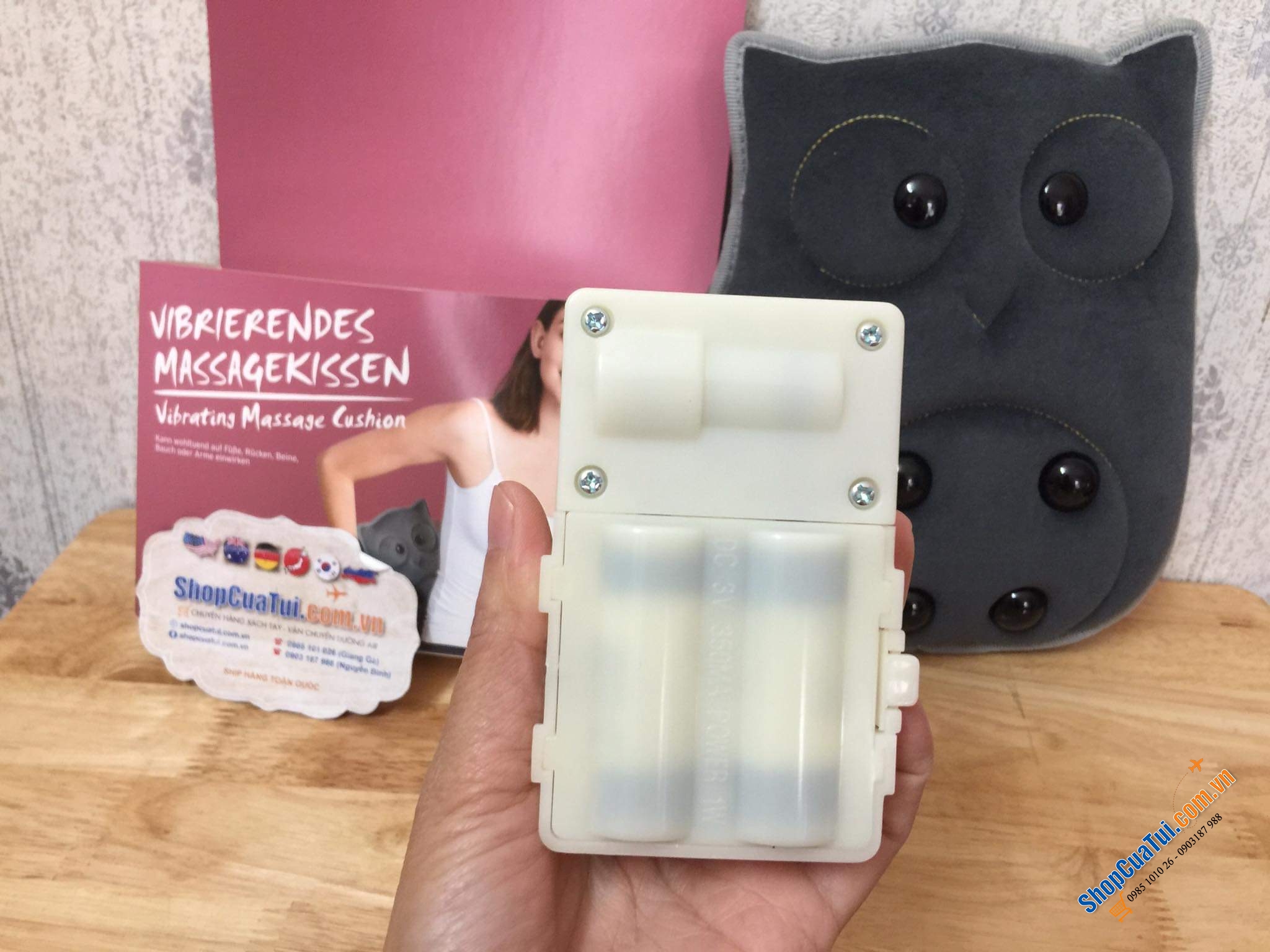 GỐI RUNG MASSAGE CÚ MÈO - HÀNG NỘI ĐỊA ĐỨC màu xám