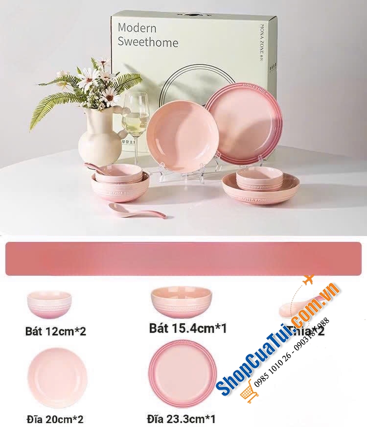 SET ĐỒ SỨ 14 MÓN MONAZONE - set bát đĩa sứ phong cách phương Tây (màu xanh, màu hồng)