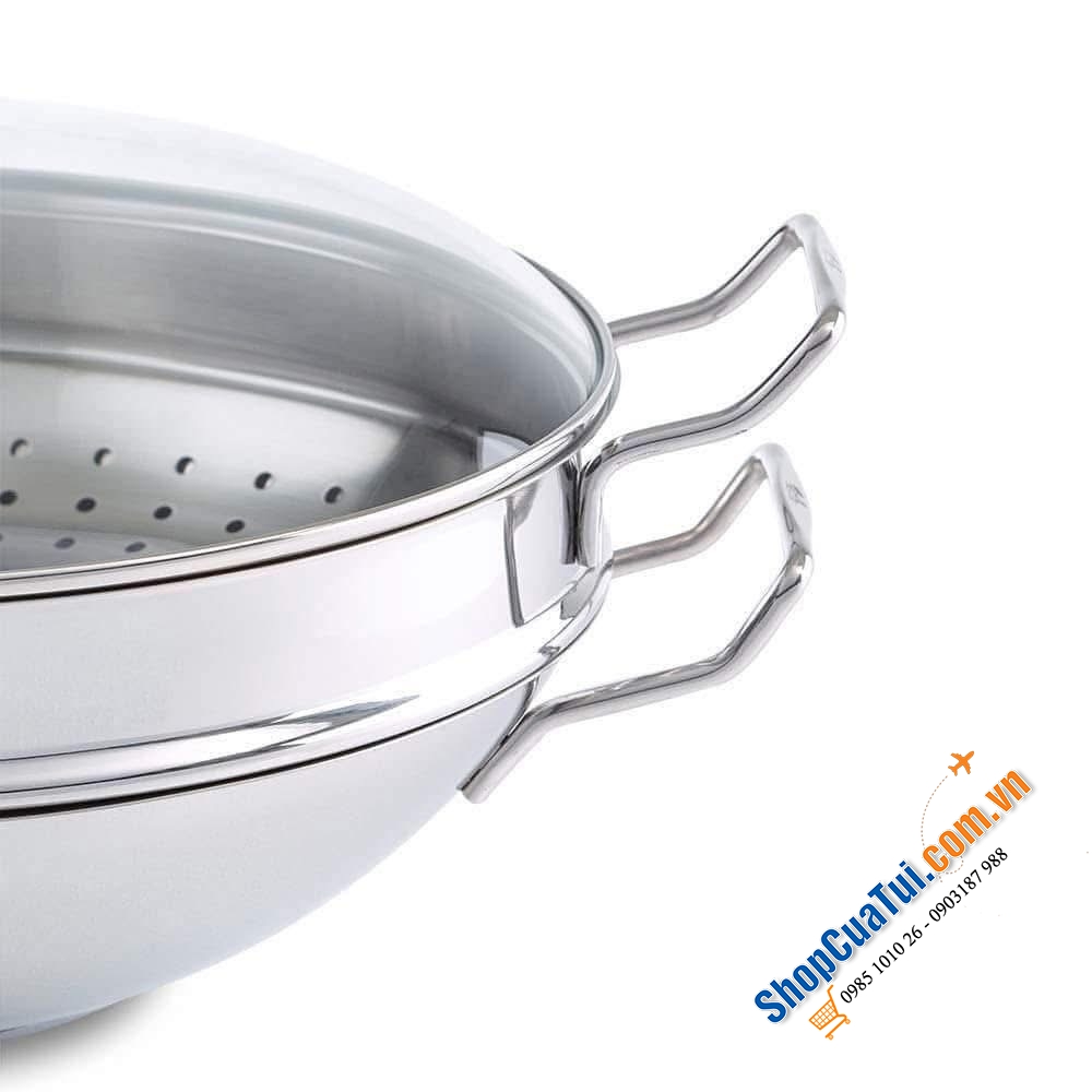 Chảo sâu lòng Fissler Nanjing 36cm kèm xửng hấp siêu dày dặn.