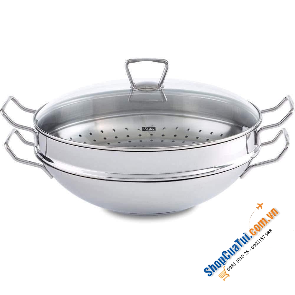 Chảo sâu lòng Fissler Nanjing 36cm kèm xửng hấp siêu dày dặn.