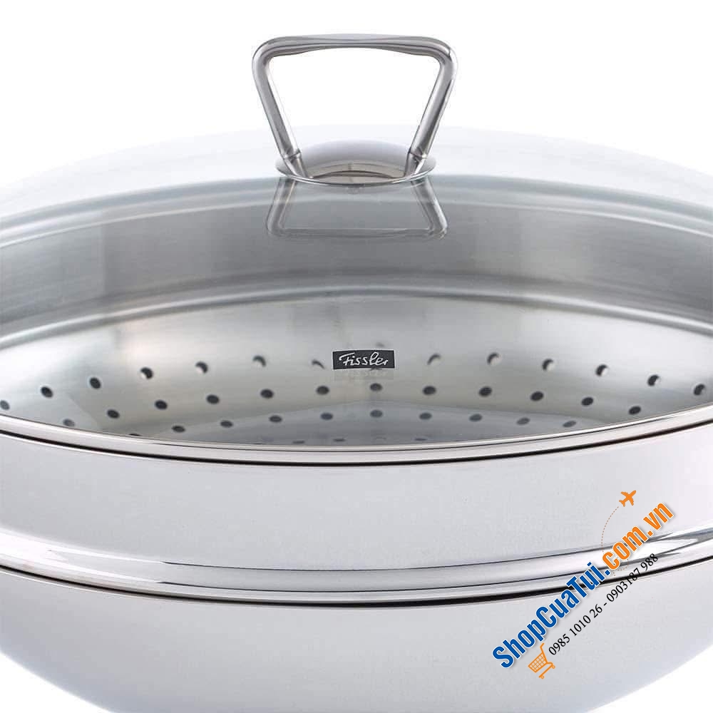 Chảo sâu lòng Fissler Nanjing 36cm kèm xửng hấp siêu dày dặn.