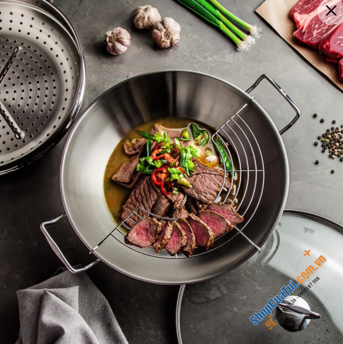 Chảo sâu lòng Fissler Nanjing 36cm kèm xửng hấp siêu dày dặn.