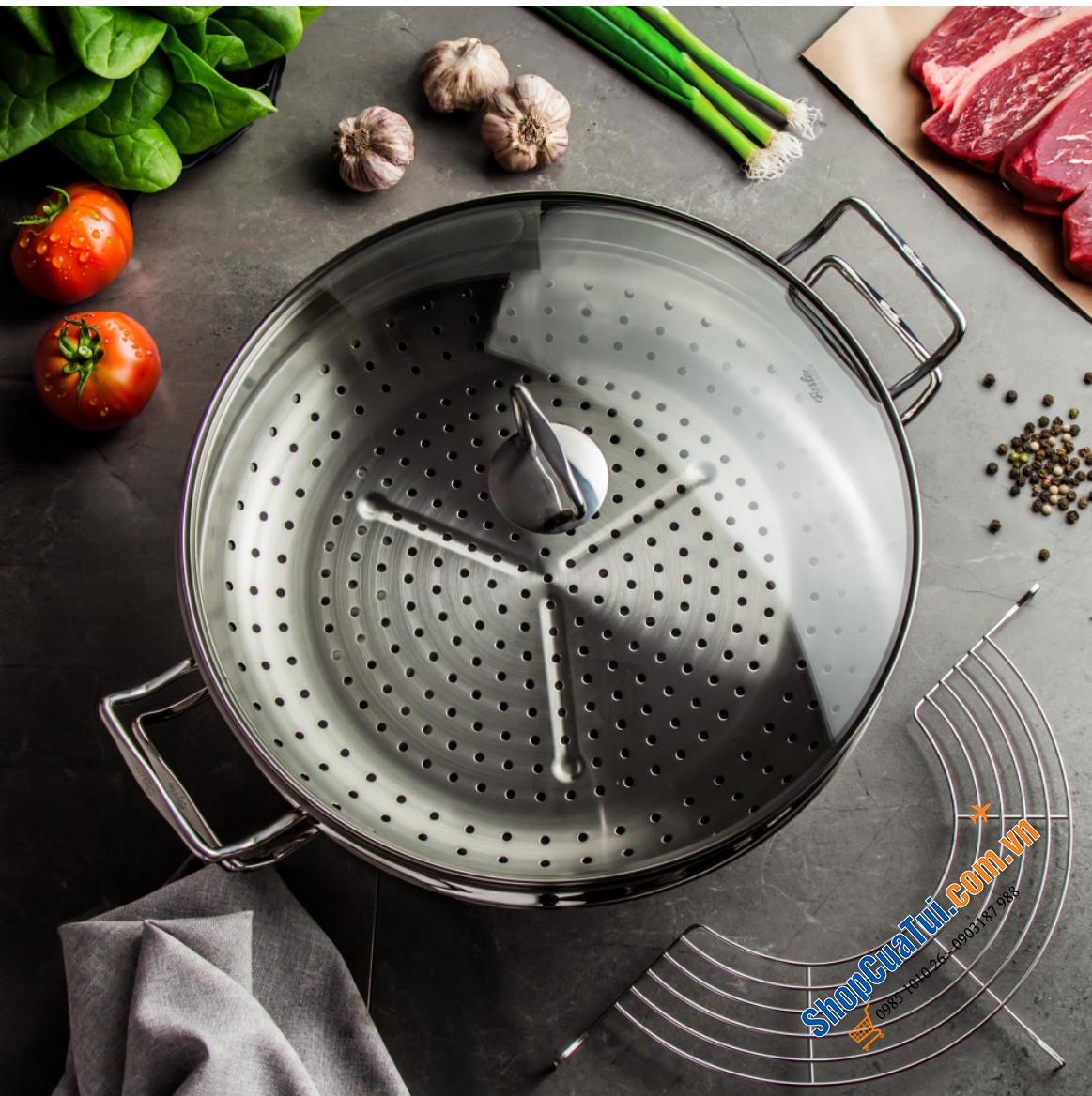 Chảo sâu lòng Fissler Nanjing 36cm kèm xửng hấp siêu dày dặn.