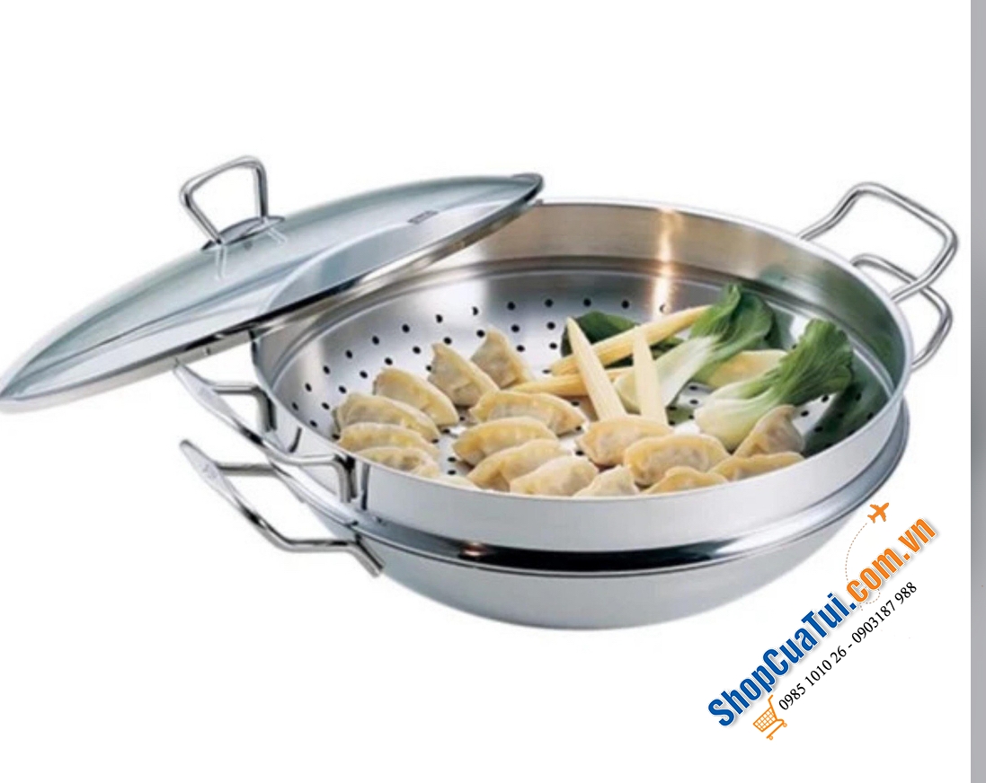 Chảo sâu lòng Fissler Nanjing 36cm kèm xửng hấp siêu dày dặn.
