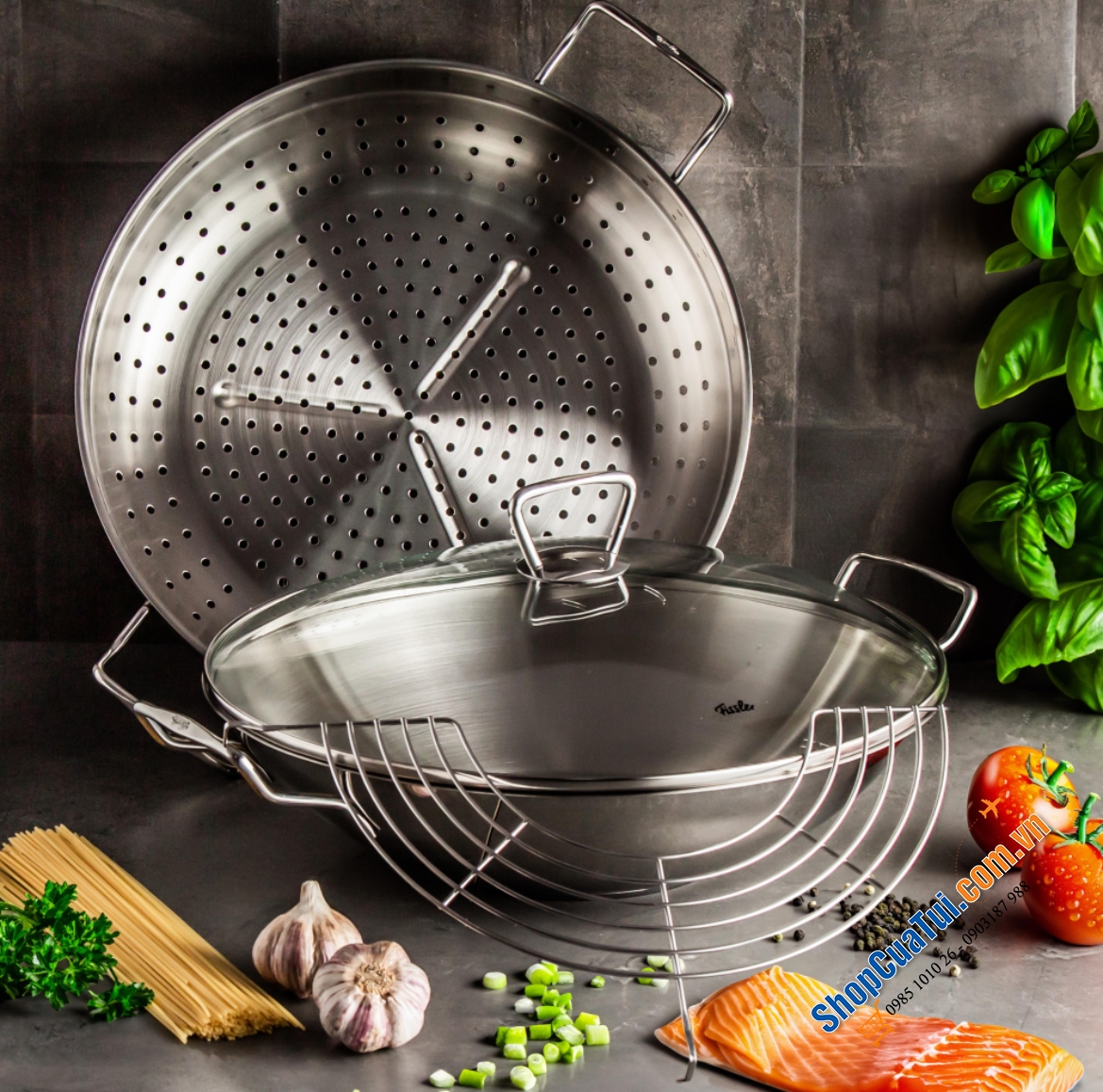 Chảo sâu lòng Fissler Nanjing 36cm kèm xửng hấp siêu dày dặn.
