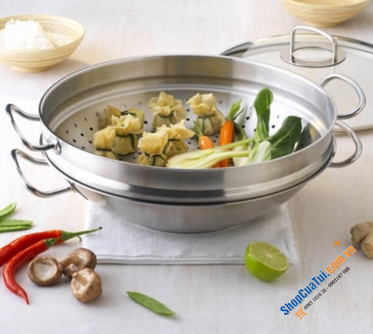 Chảo sâu lòng Fissler Nanjing 36cm kèm xửng hấp siêu dày dặn.