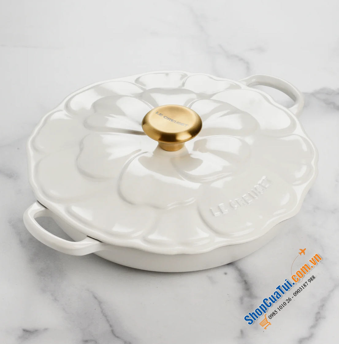 NỒI CHẢO TRÁNG MEN LE CREUSET HOA HẢI QUỲ (cúc la mã) - màu trắng - Le Creuset Signature Cast Iron 2.25-quart White Petal Braiser