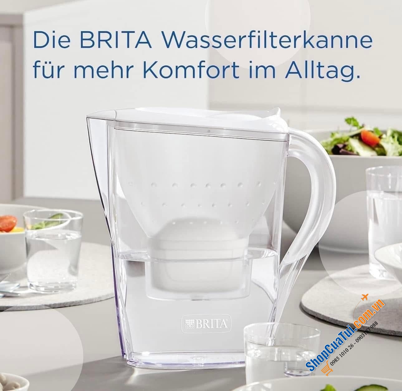 Bình lọc nước BRITA 2,4 L (NẮP TRẮNG) MARELLA KÈM 6 LÕI -  bình lọc nước số 1 tại Đức