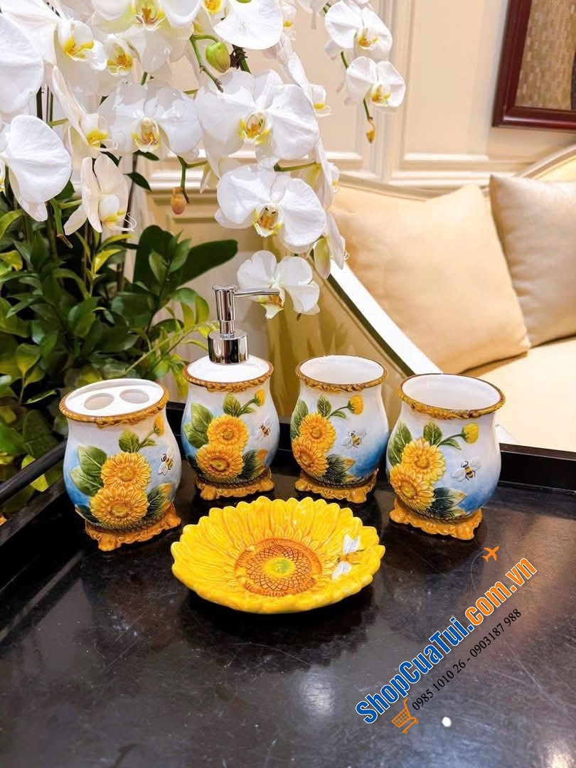 Sét đồ nhà vệ sinh 5 món họa tiết hướng dương Function Art.