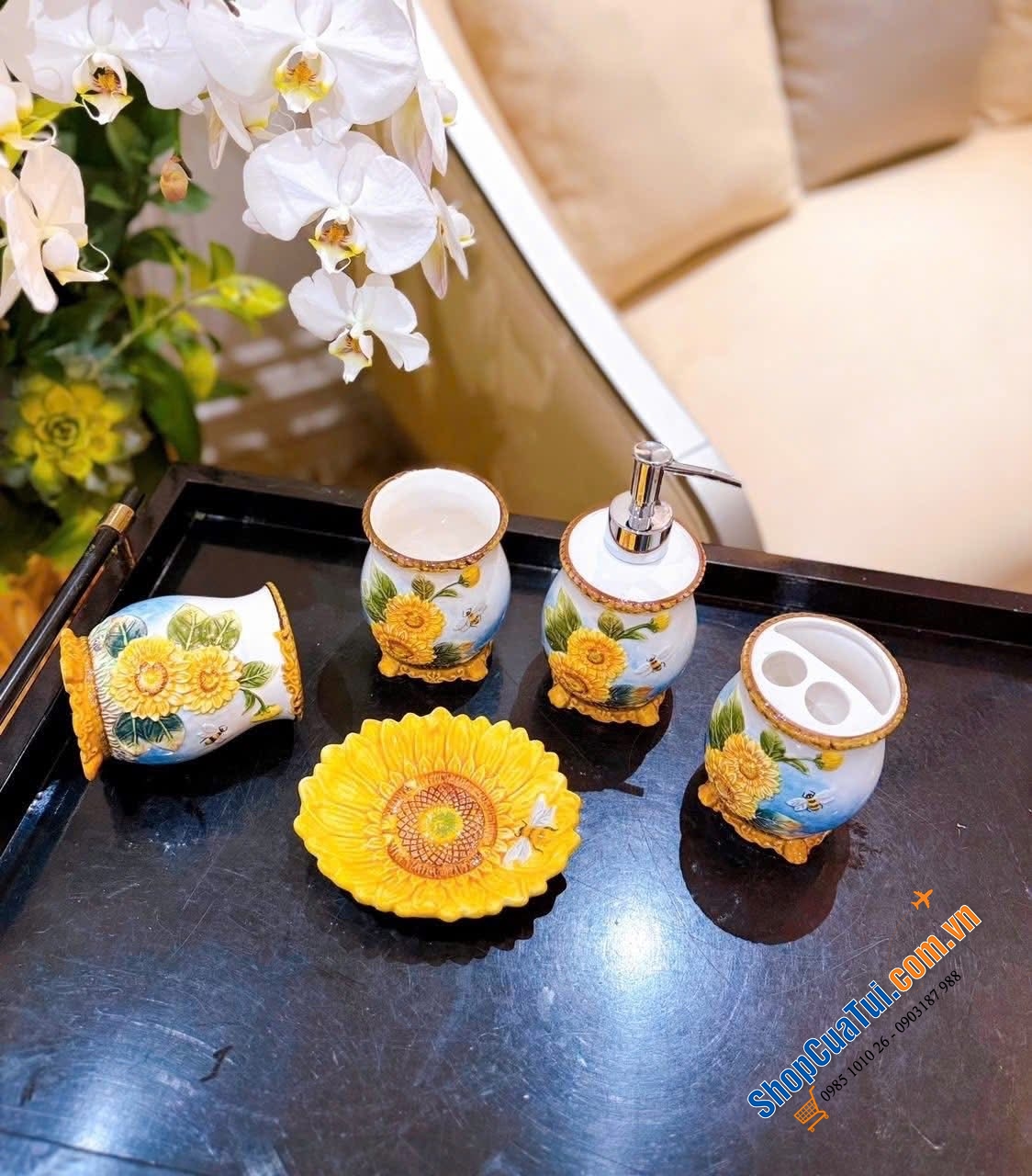Sét đồ nhà vệ sinh 5 món họa tiết hướng dương Function Art.