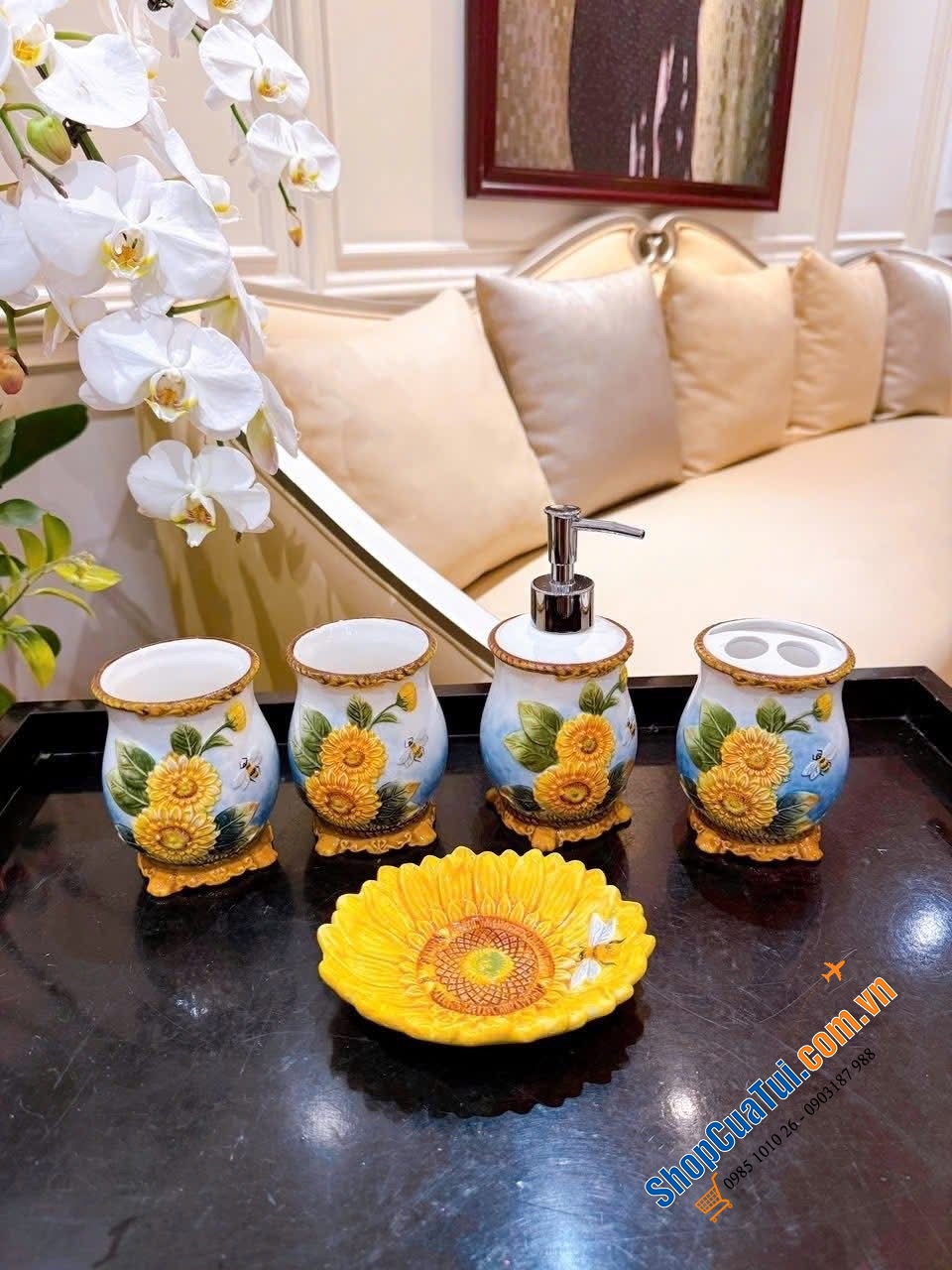 Sét đồ nhà vệ sinh 5 món họa tiết hướng dương Function Art.