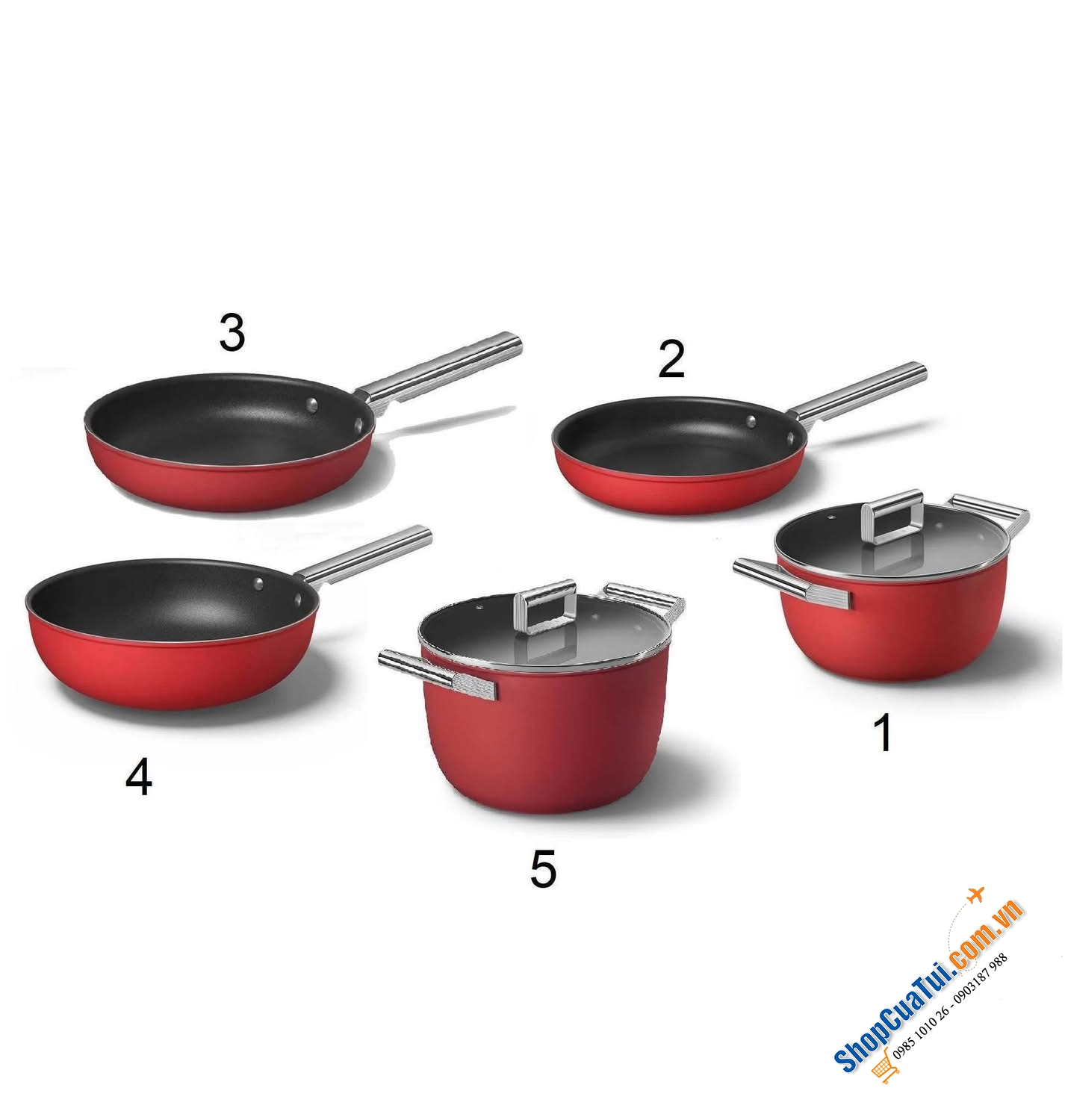 Bộ nồi chảo Smeg đỏ - Made in Italy.