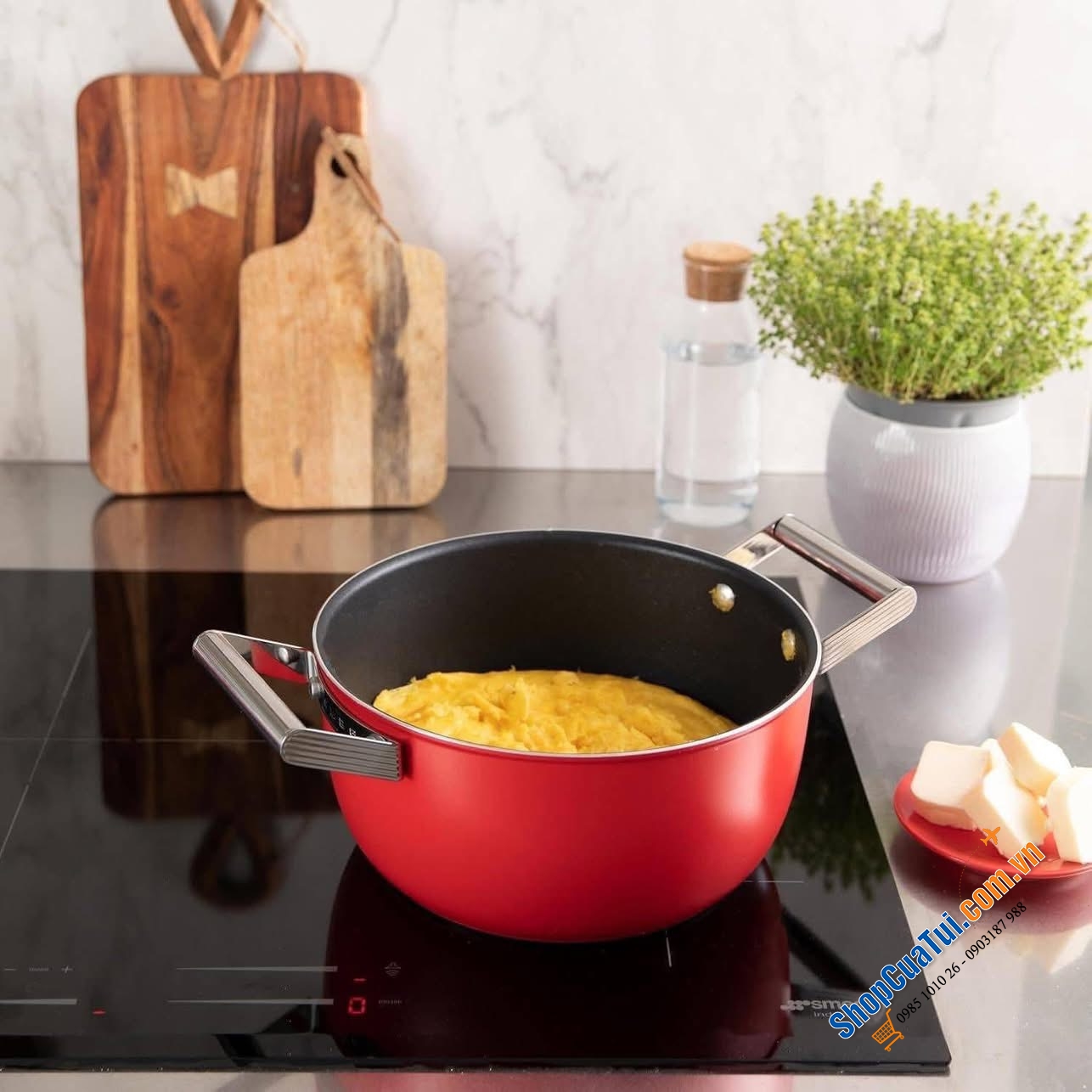 Bộ nồi chảo Smeg đỏ - Made in Italy.