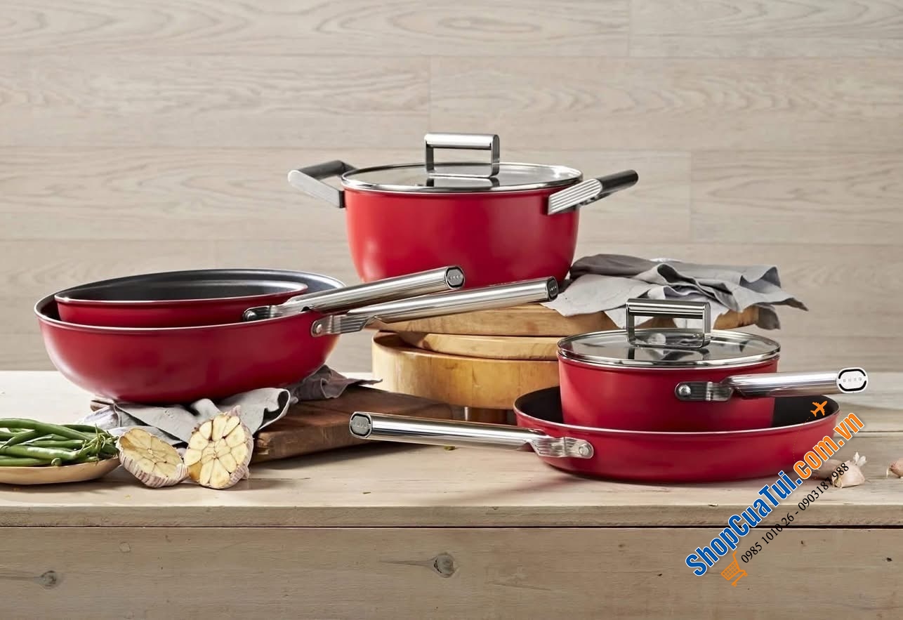 Bộ nồi chảo Smeg đỏ - Made in Italy.