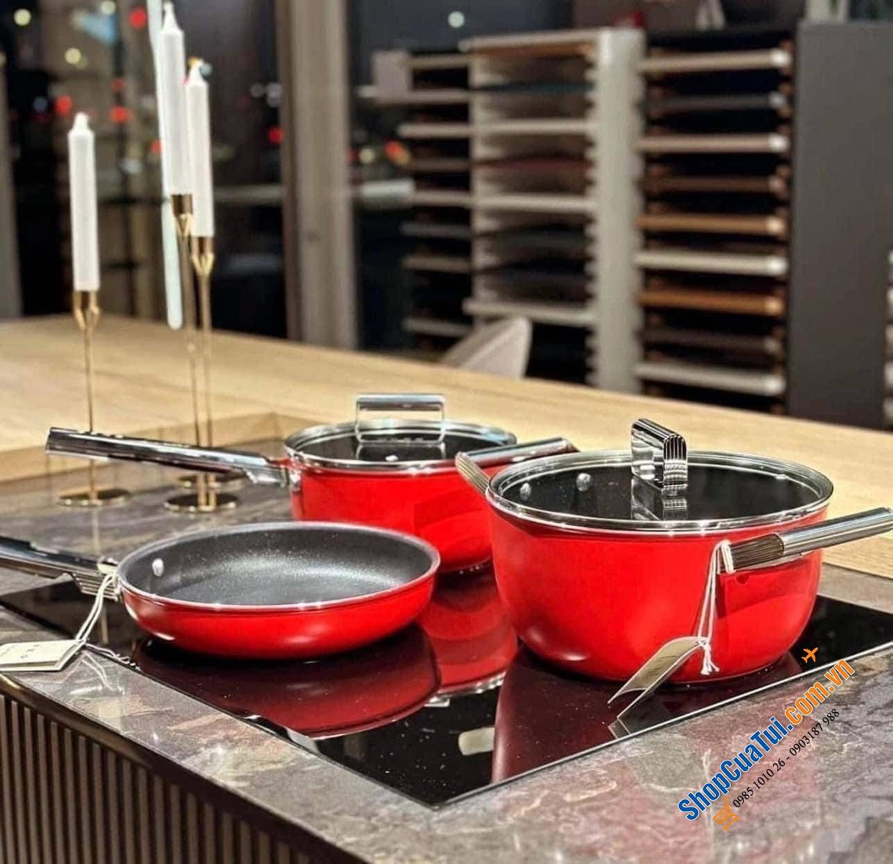 Bộ nồi chảo Smeg đỏ - Made in Italy.