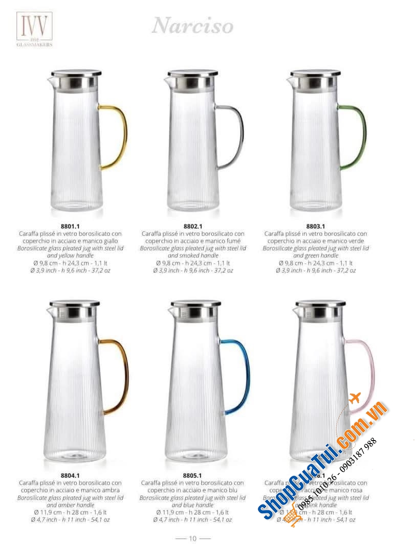BÌNH ĐỰNG NƯỚC IVV NARCISO BOROSILICATE CÓ TAY CẦM made in Italy.