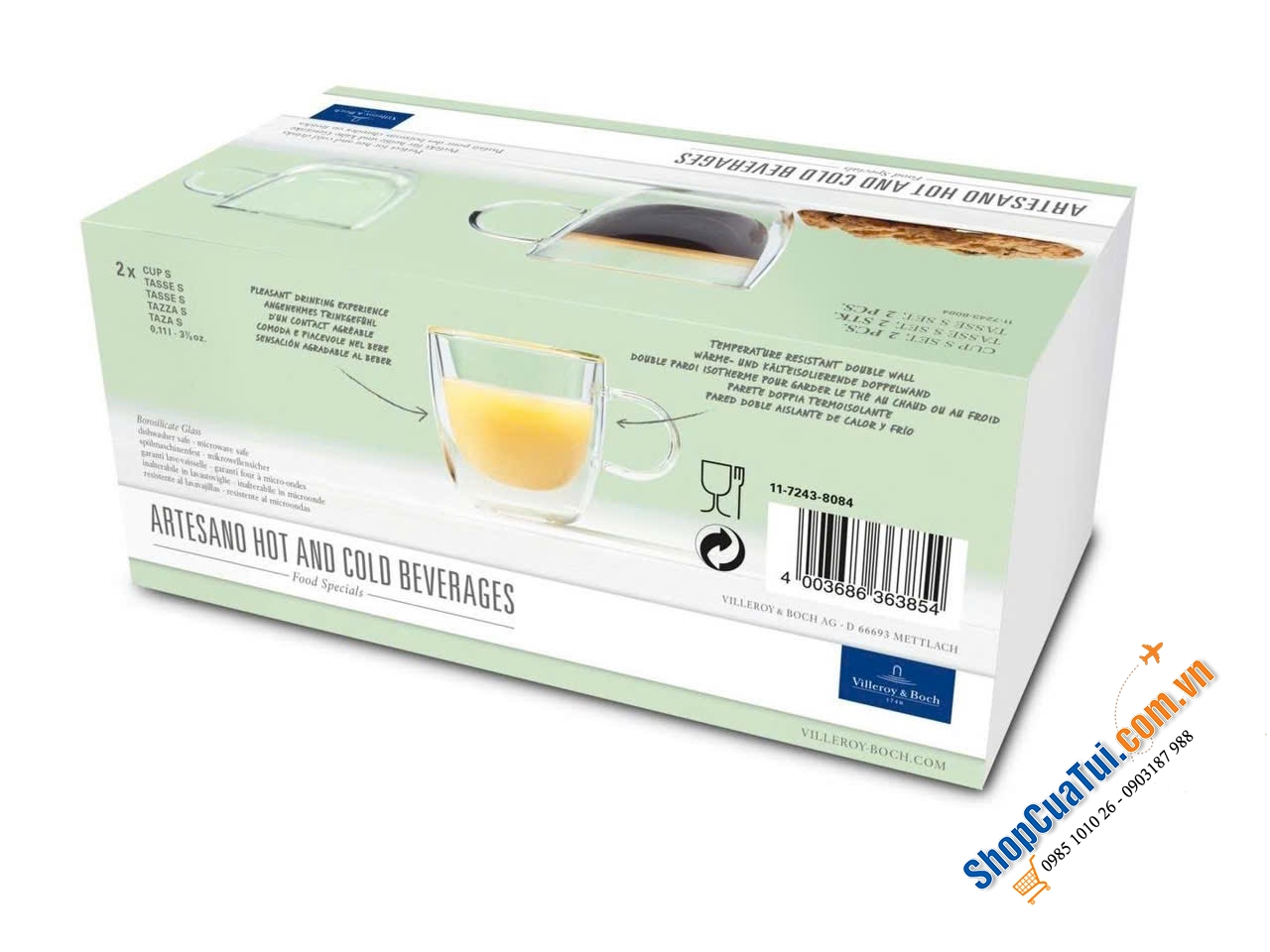Set 2 cốc 2 thành Villeroy & Boch Artesano Hot&Cold Tasse S - Bộ 2 chiếc có quai để uống trà, cà phê