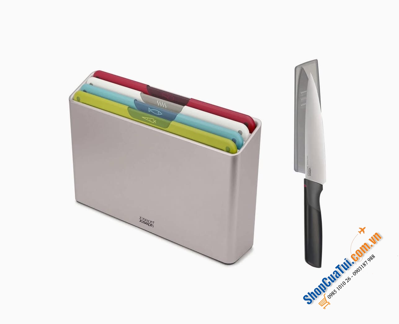 Set 4 thớt Joseph Joseph 60230 Folio kèm 1 dao nhà bếp sắc lịm.