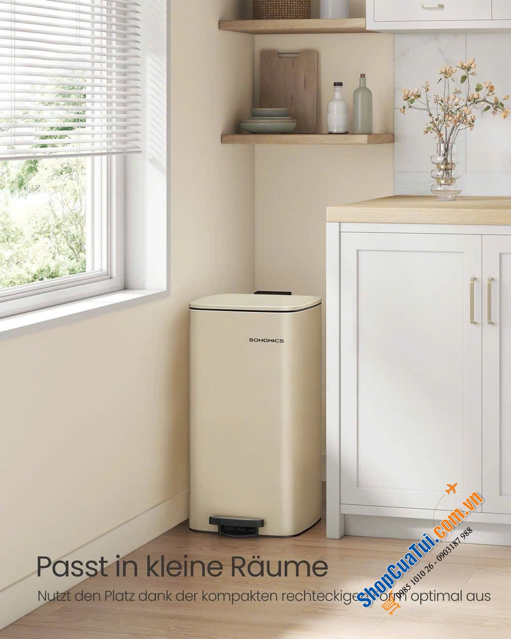 Thùng rác Đức Songmics 30L cao cấp - màu kem Decor đẹp mê, có bàn đạp, nắp đóng siêu êm