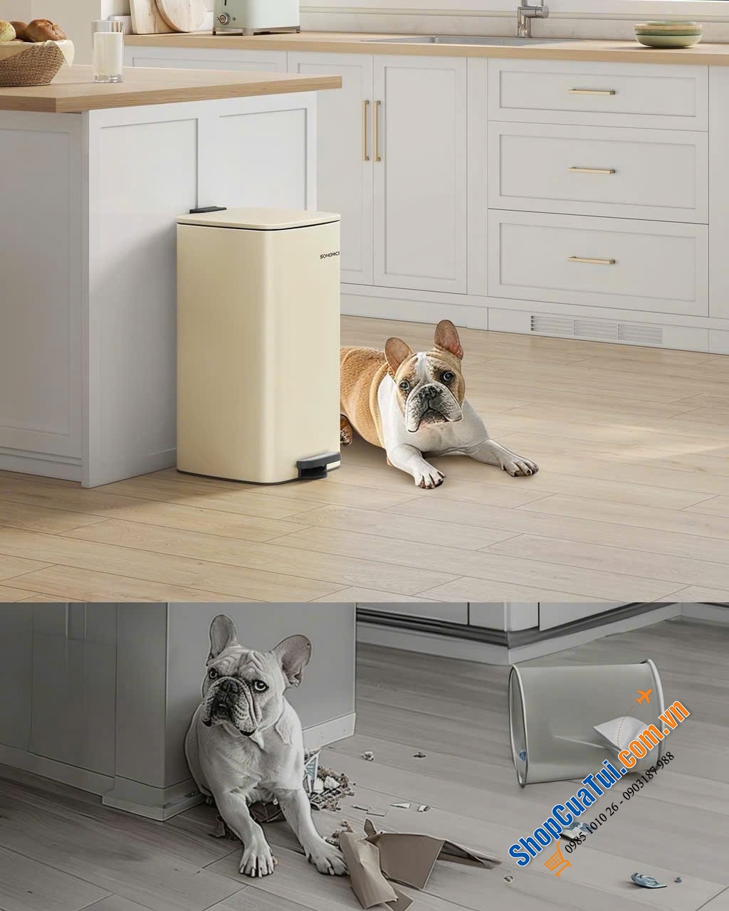Thùng rác Đức Songmics 30L cao cấp - màu kem Decor đẹp mê, có bàn đạp, nắp đóng siêu êm