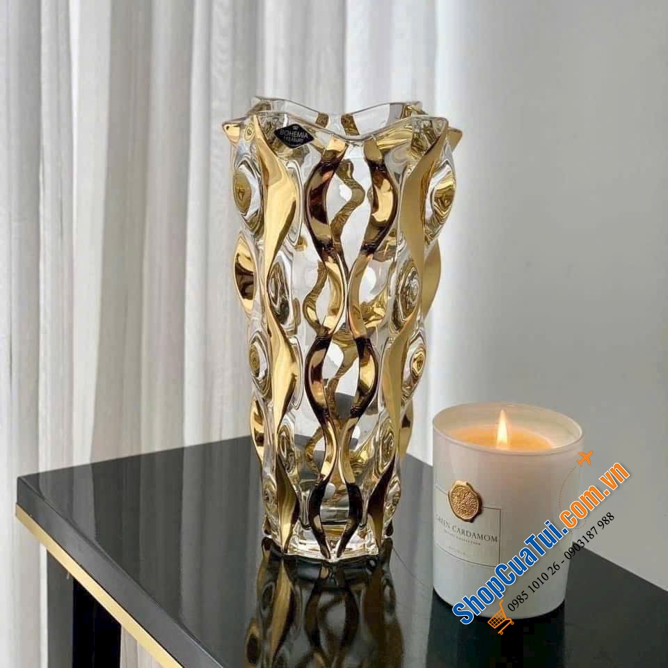 LỌ HOA BOHEMIA SAMBA OP CHÂN ĐẾ MẠ VÀNG 24k MỚI NHẤT 2025 - cao 30,5cm